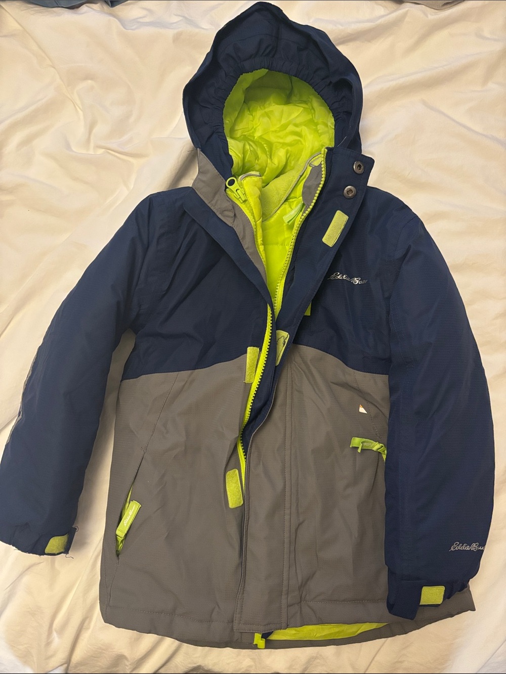 Eddie Bauer Navy & Gray Kids' Hooded Snow and Ski Jacket with Lime Interior